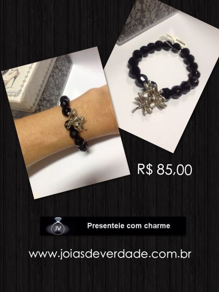 Pulseira de cristal negro e prata com zirconias